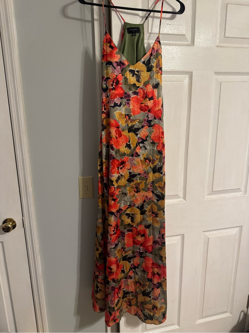 Tahari ASL Olive Green Slip Dress with Red Accents